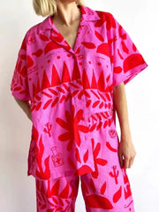 Printed Button Up Shirt and Pants Set OutfitFlow