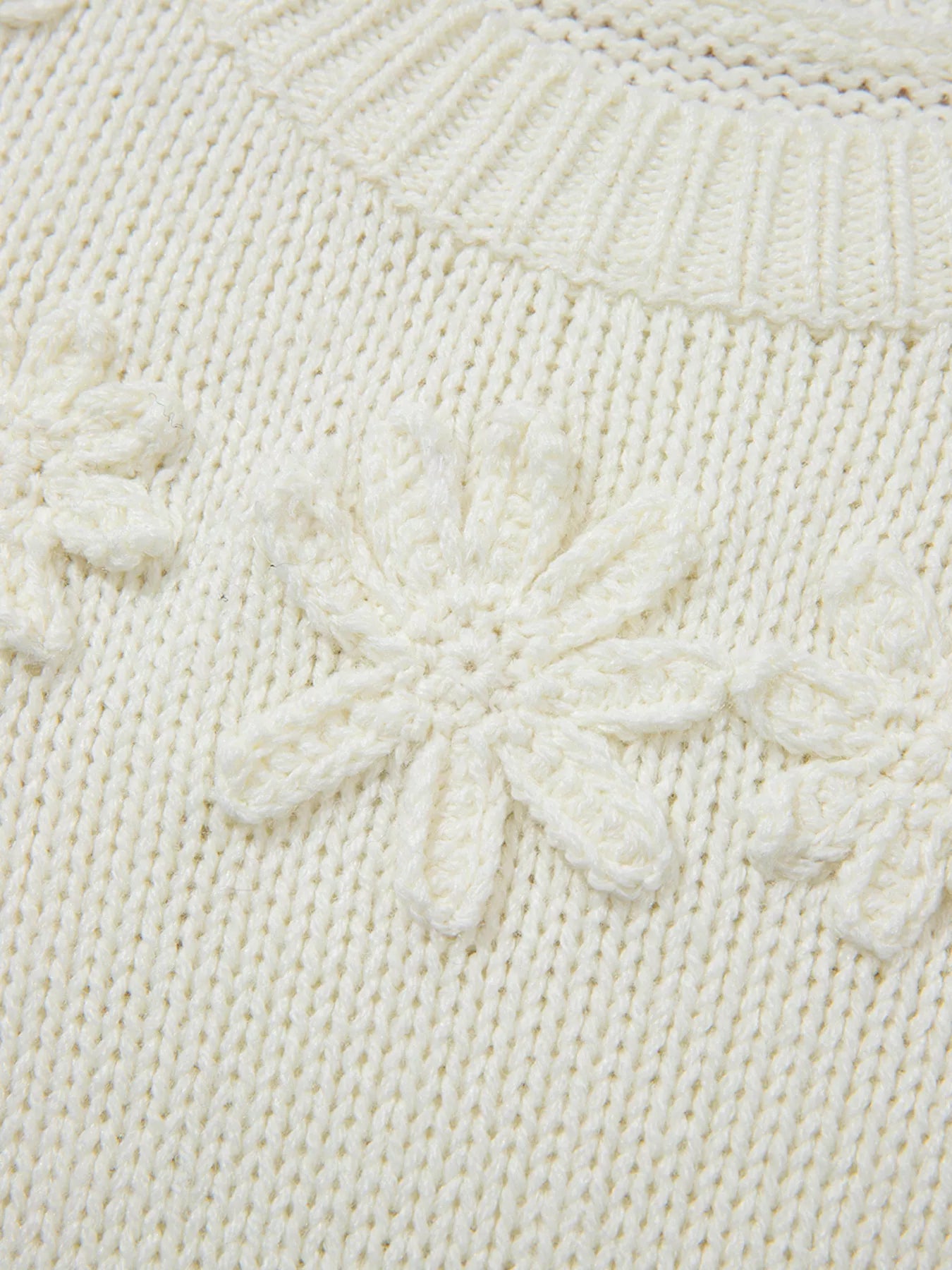 Flower Detail Round Neck Contrast Textured Puff Sleeve Sweater OutfitFlow