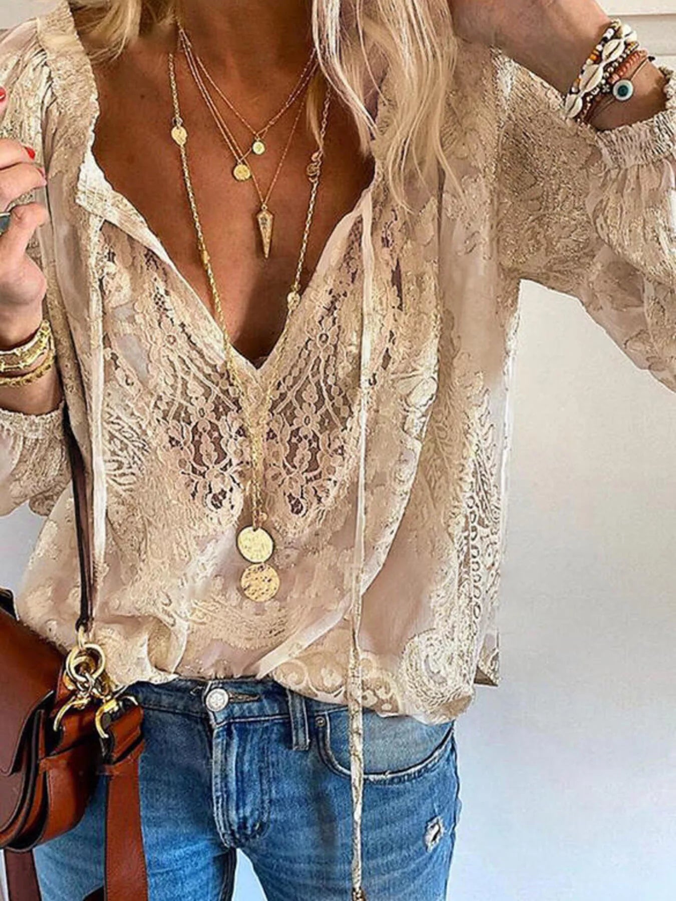 Lace Tie-Neck Blouse Trendsi