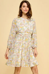 Lime 'N' Chili Chiffon Floral Print Belted Dress with Back Zipper OutfitFlow