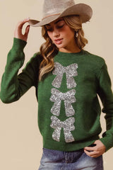 SO ME Sequins Bow Ribbon Embellished Christmas Sweater Trendsi