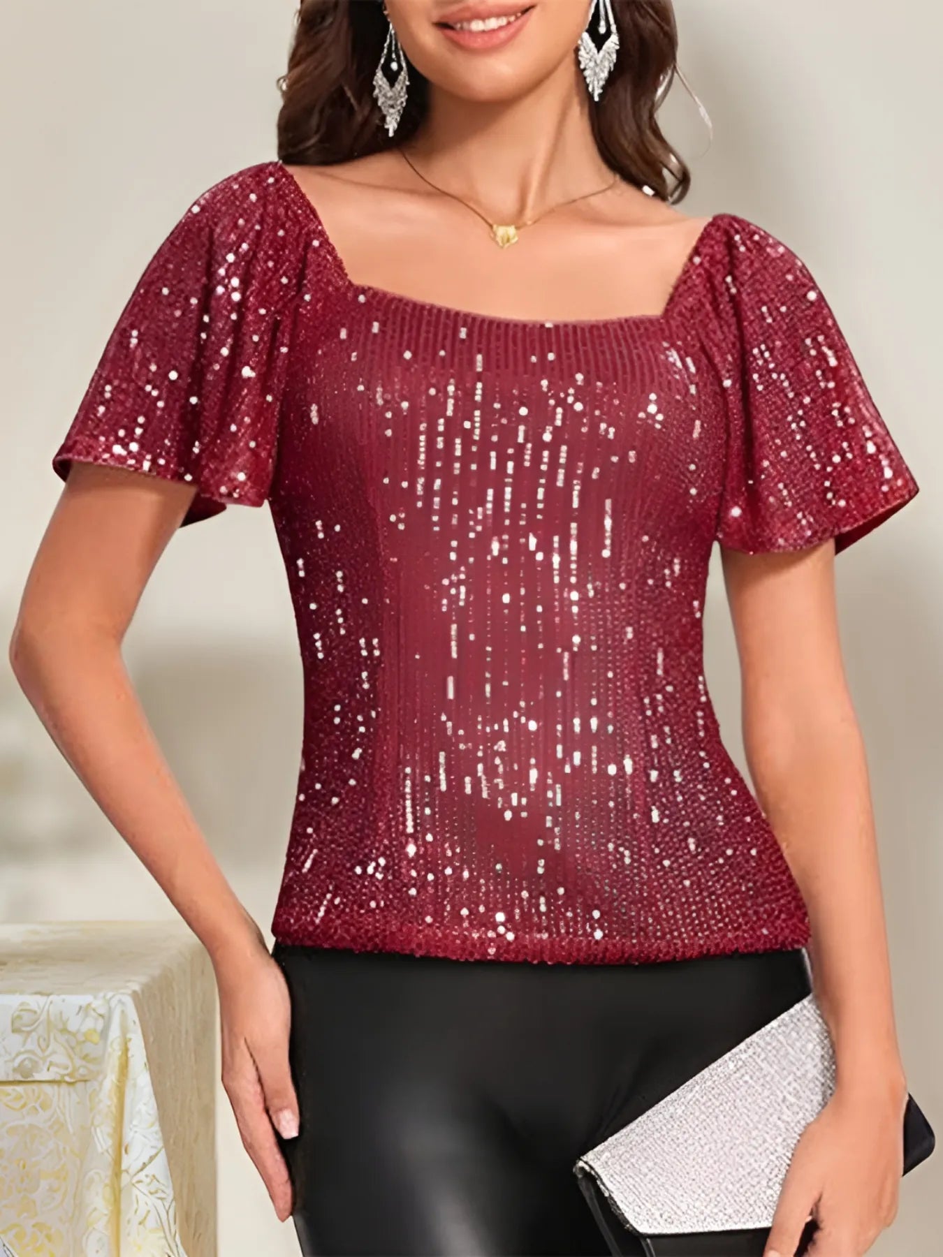 Square Neck Sequin Short Sleeve Blouse Bright Red OutfitFlow