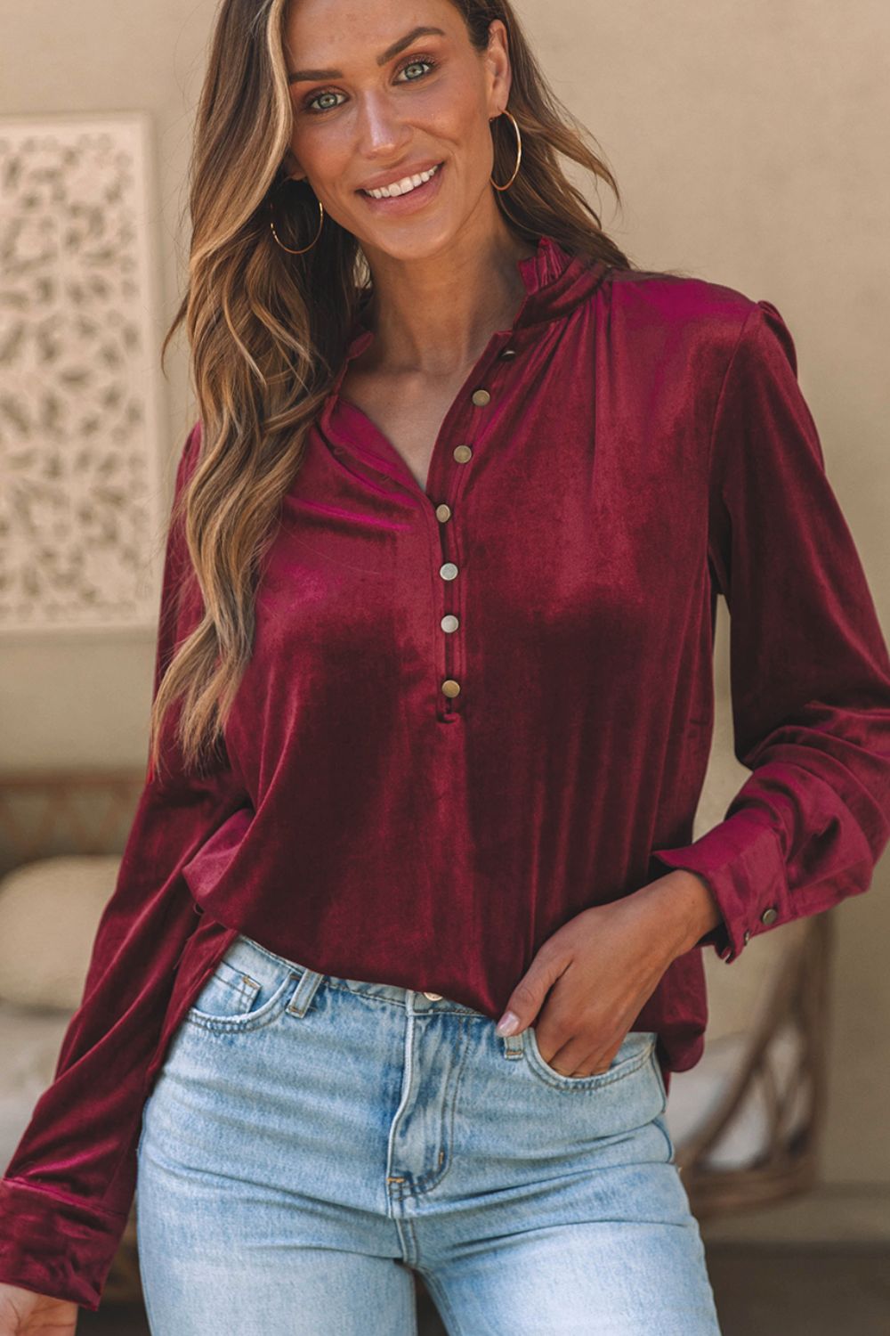 Outfit Flow - Frill Half Button Mock Neck Long Sleeve Blouse