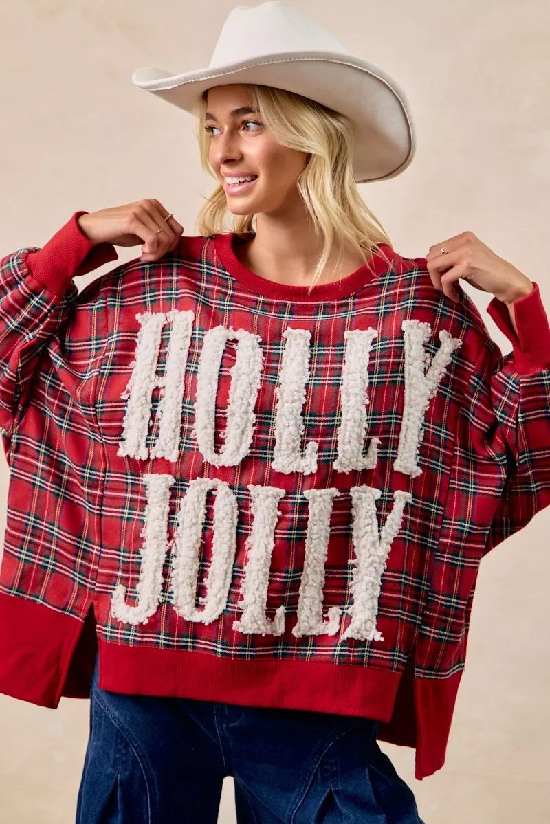 BiBi Holly Jolly Christmas Plaid Oversized Sweatshirt OutfitFlow