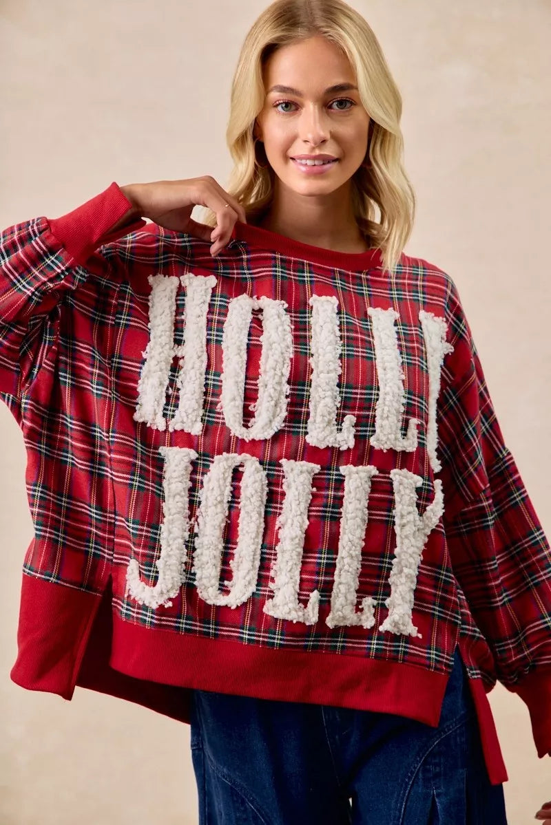 BiBi Holly Jolly Christmas Plaid Oversized Sweatshirt OutfitFlow