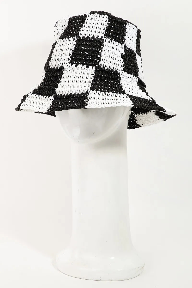 Fame Checkered Pattern Knit Bucket Hat OutfitFlow