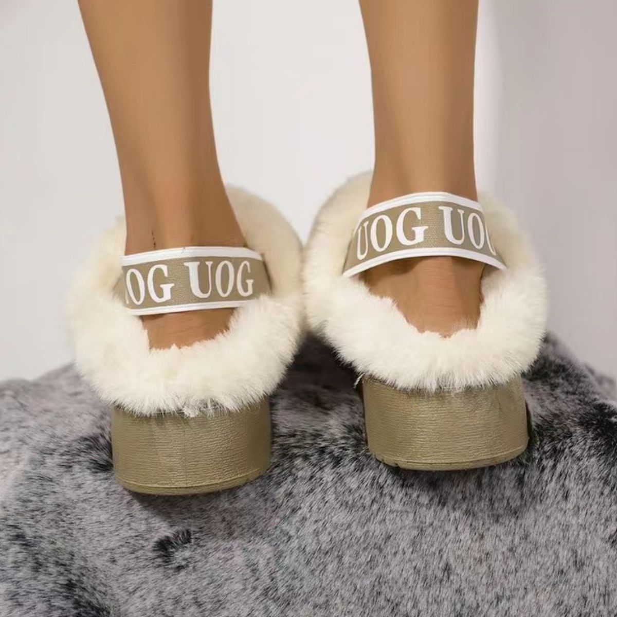 Plush Platform Slippers with Letter Strap