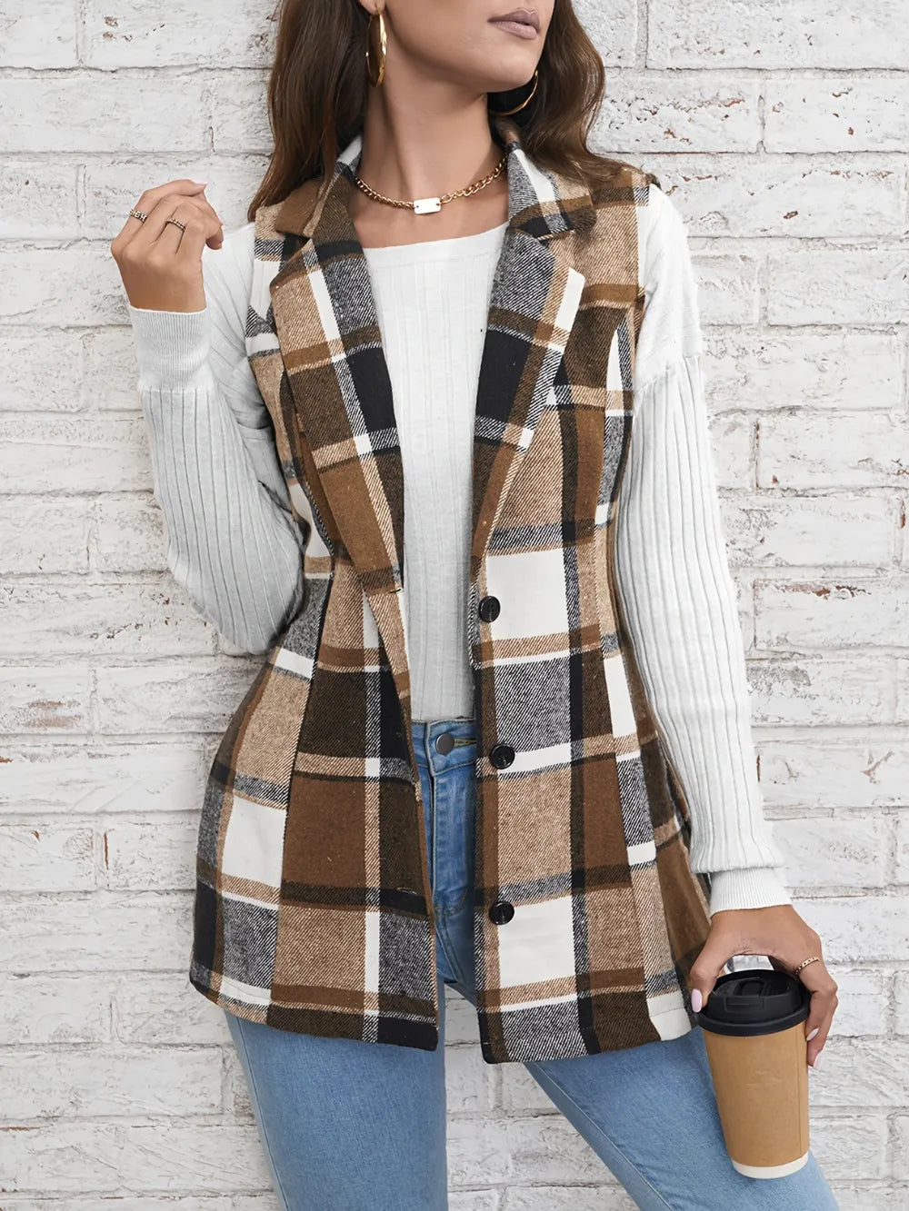 Plaid Button Down Vest Coat Camel Trendsi
