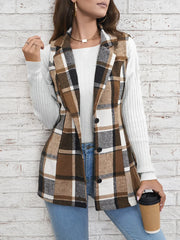 Plaid Button Down Vest Coat Camel Trendsi