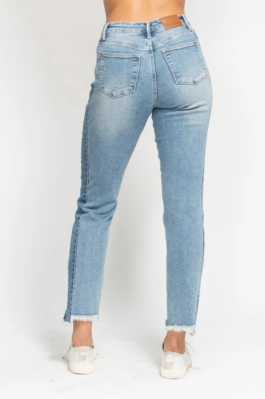 Judy Blue Full Size Vintage Wash Side Panel Detail with Fray Hem Slim Plus Size OutfitFlow