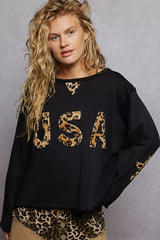 POL Round Neck Long Sleeve French Terry Sweatshirt with USA Letter Animal Patch OutfitFlow