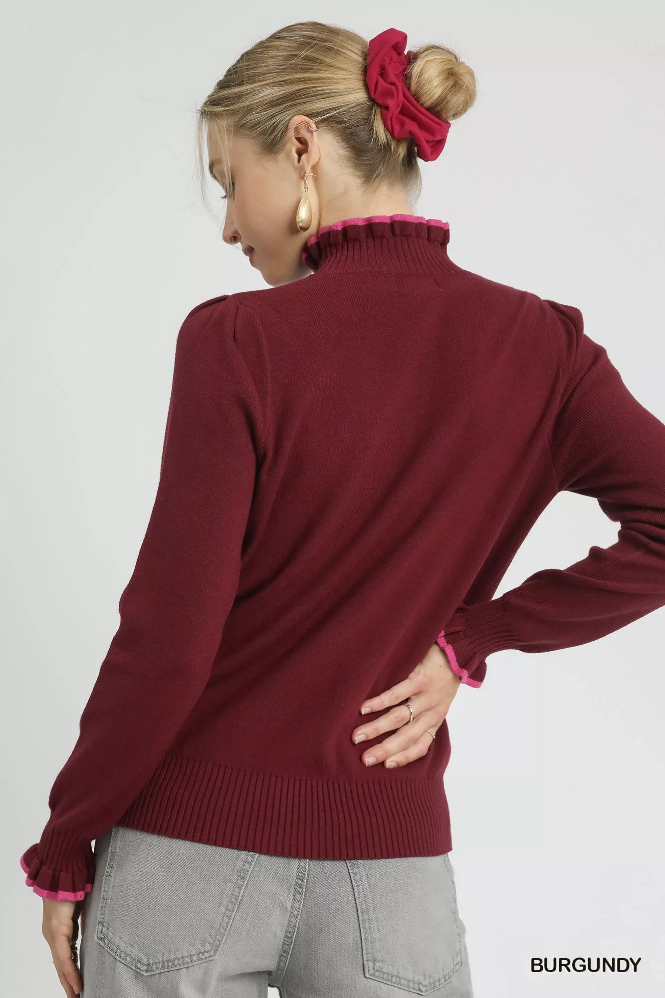 Umgee Ribbed Round Neck Sweater with Ruffle Contrast Trim OutfitFlow