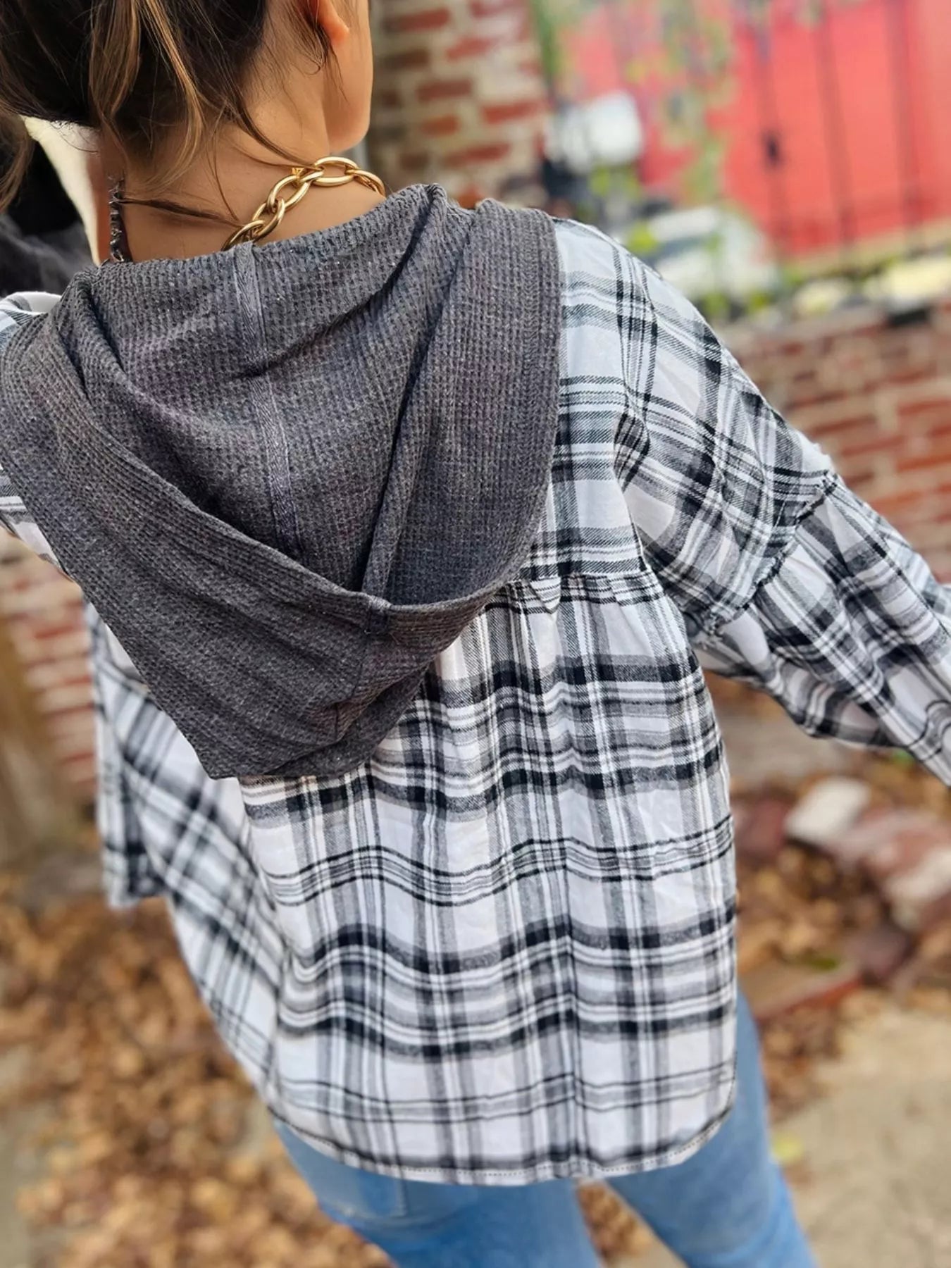 Plaid Long Sleeve Hooded Top OutfitFlow
