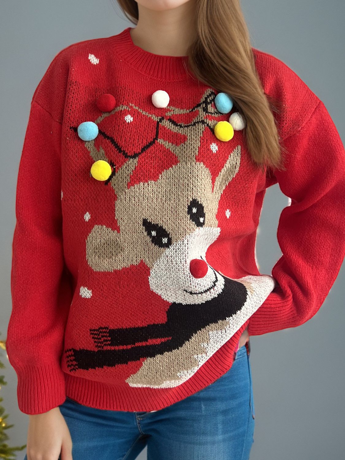 Outfit Flow - Reindeer Round Neck Long Sleeve Sweater