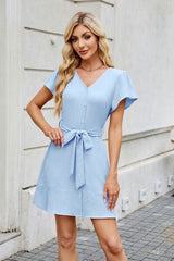 Tied Button Up Short Sleeve Mini Shirt Dress OutfitFlow