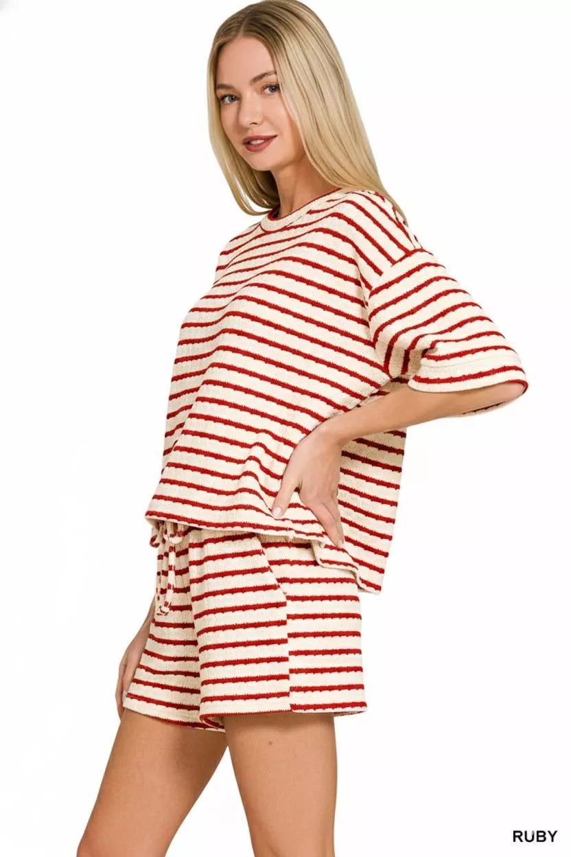 Zenana Striped Short Sleeve Tee & Shorts Set OutfitFlow