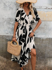 Printed Surplice Short Sleeve Midi Dress Black OutfitFlow