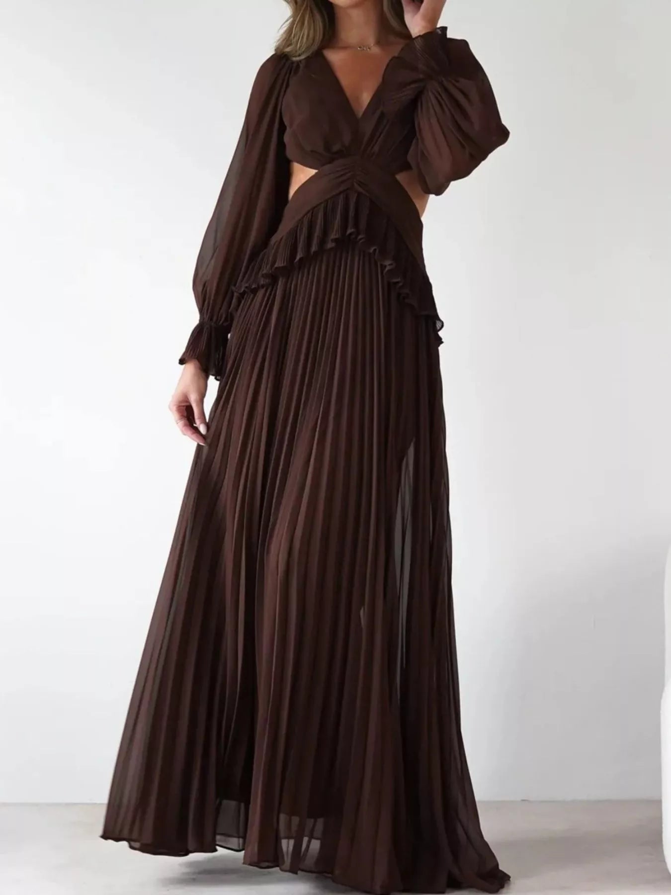 Backless Pleated Long Sleeve Maxi Dress OutfitFlow