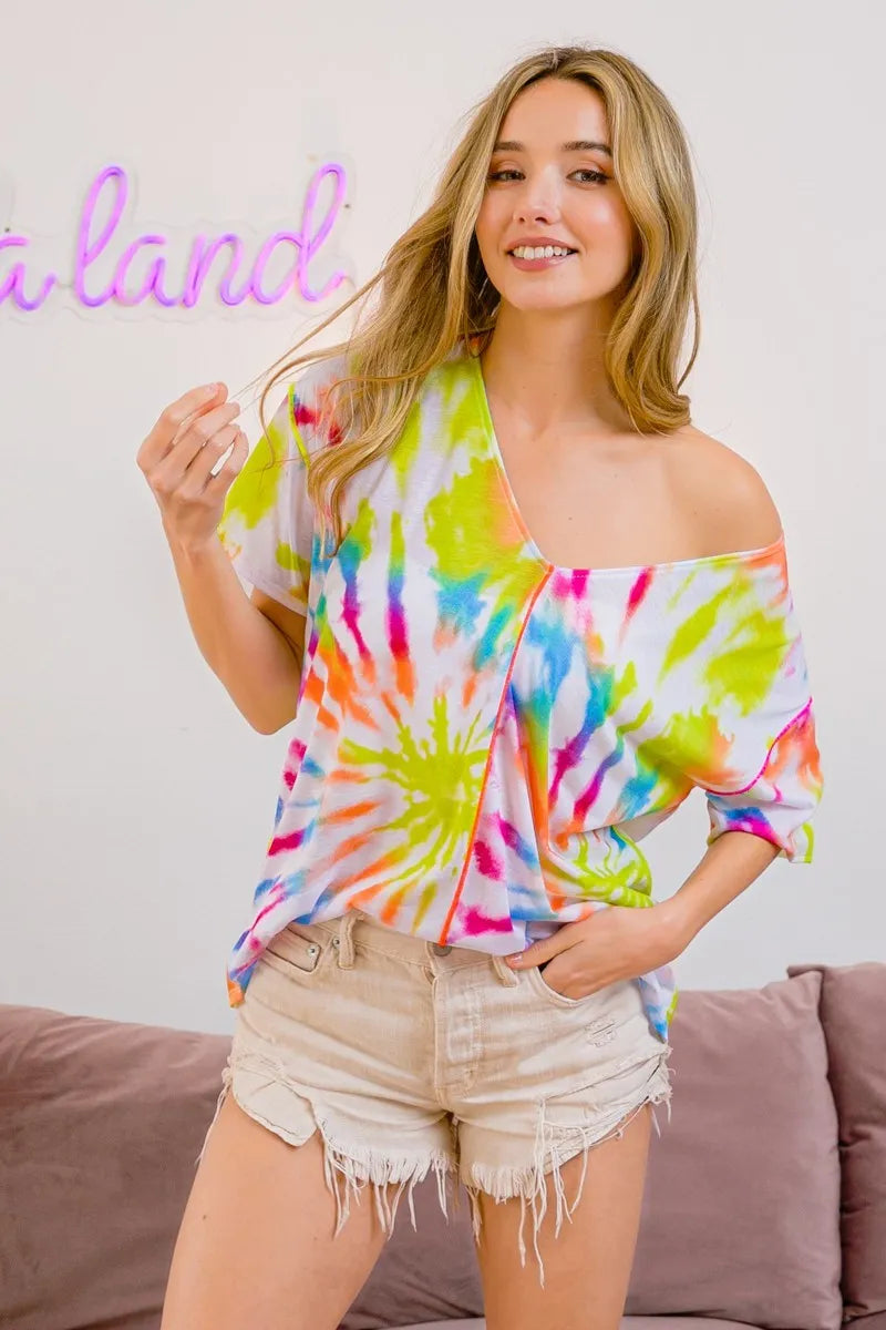 BiBi Tie Dye Print Jersey Stitched V Neck Top OutfitFlow