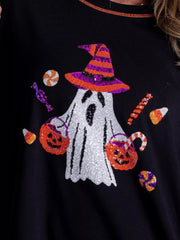 Halloween Ghost Sequin Exposed Seam Sweatshirt OutfitFlow