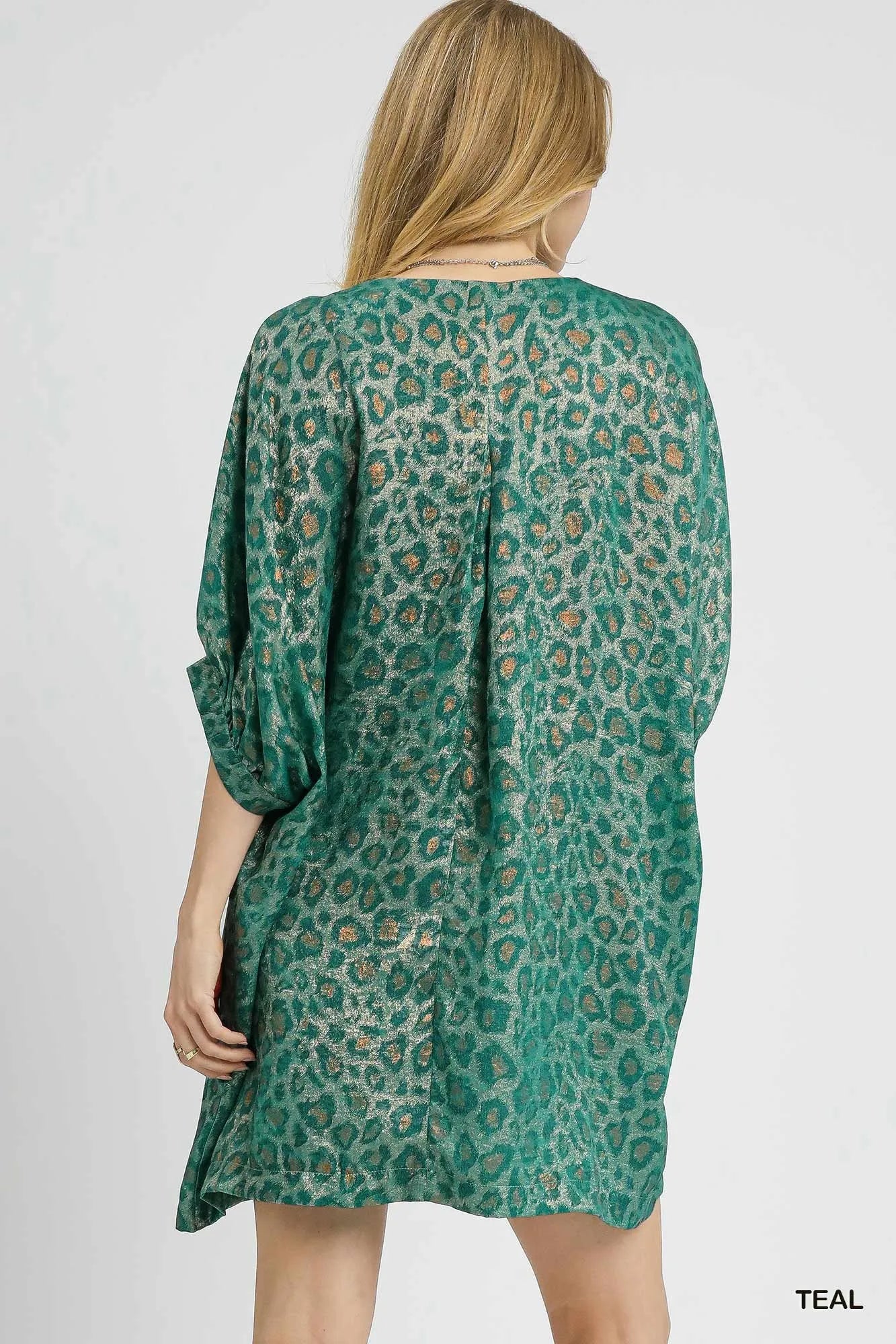 Umgee Metallic Leopard Print V-Neck Kimono Dress OutfitFlow