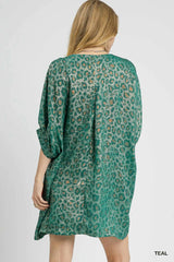 Umgee Metallic Leopard Print V-Neck Kimono Dress OutfitFlow