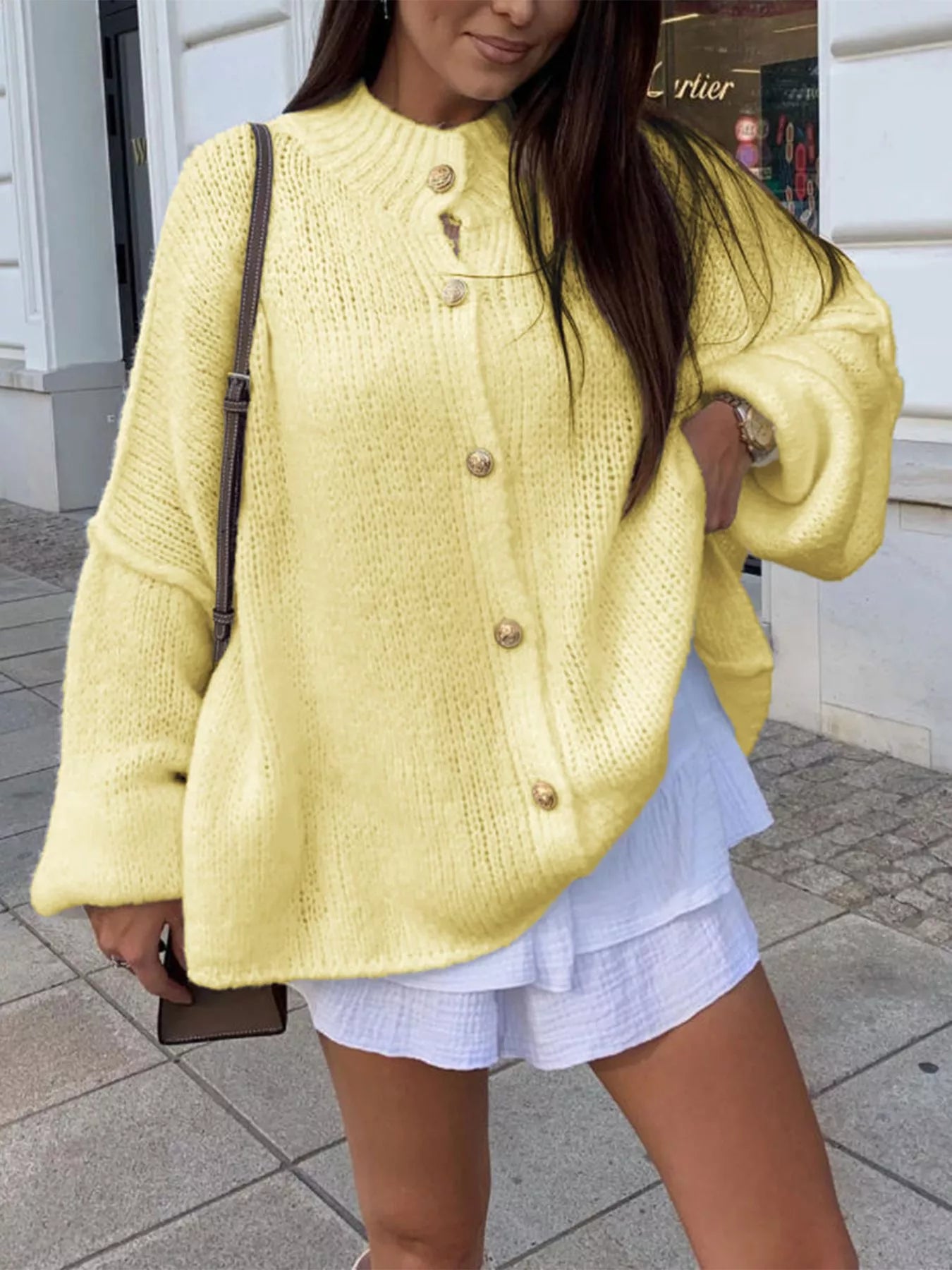 Oversized Knit Button-Down Batwing Sleeve Cardigan Pastel Yellow OutfitFlow