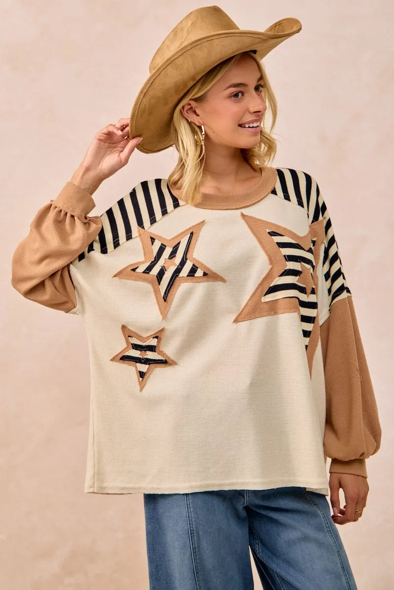 BiBi Star Patchwork Mixed Long Sleeve Top OutfitFlow