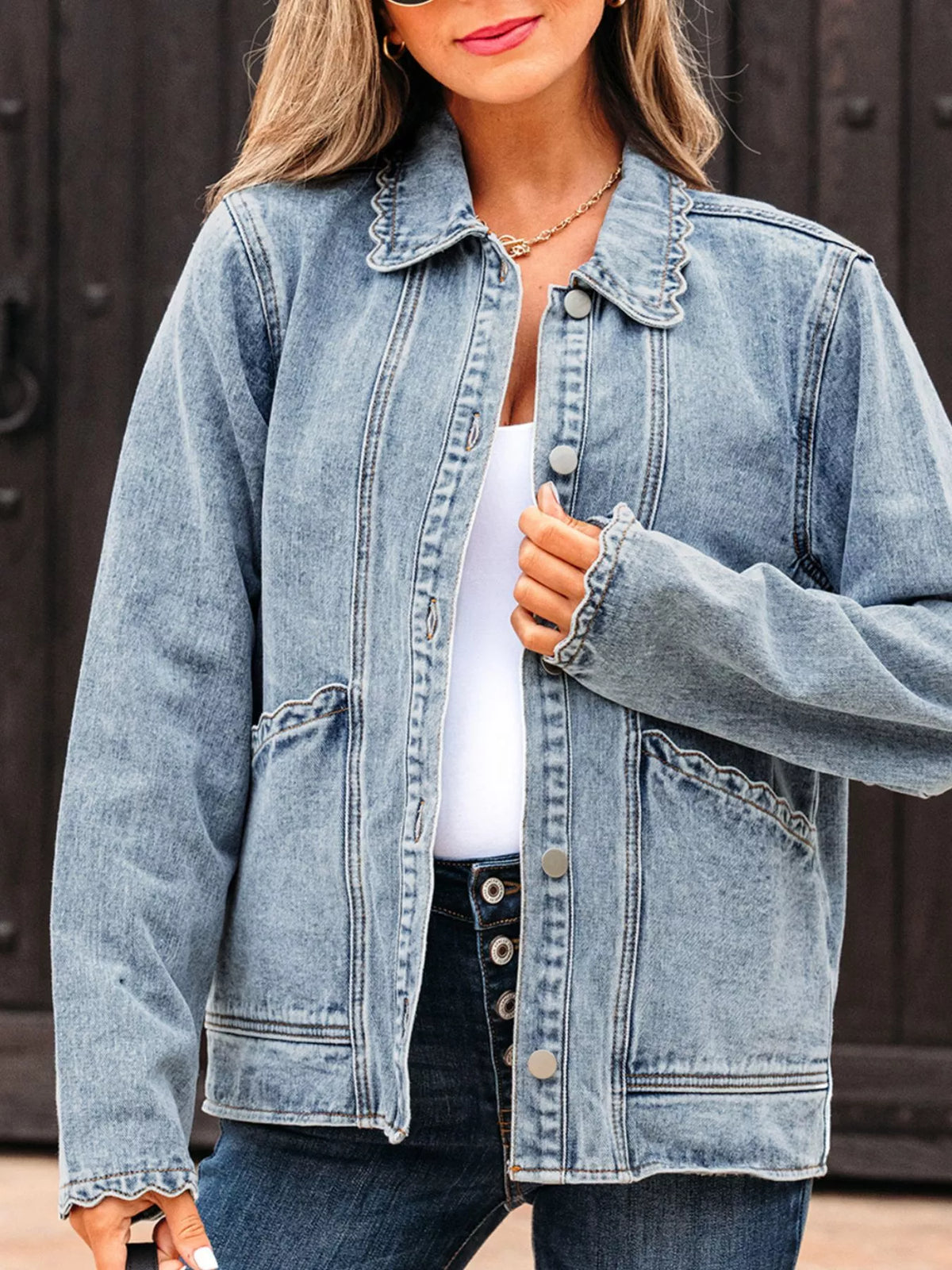 Scallop Trim Collar Patched Pocket Button Up Denim Jacket Light Blue OutfitFlow