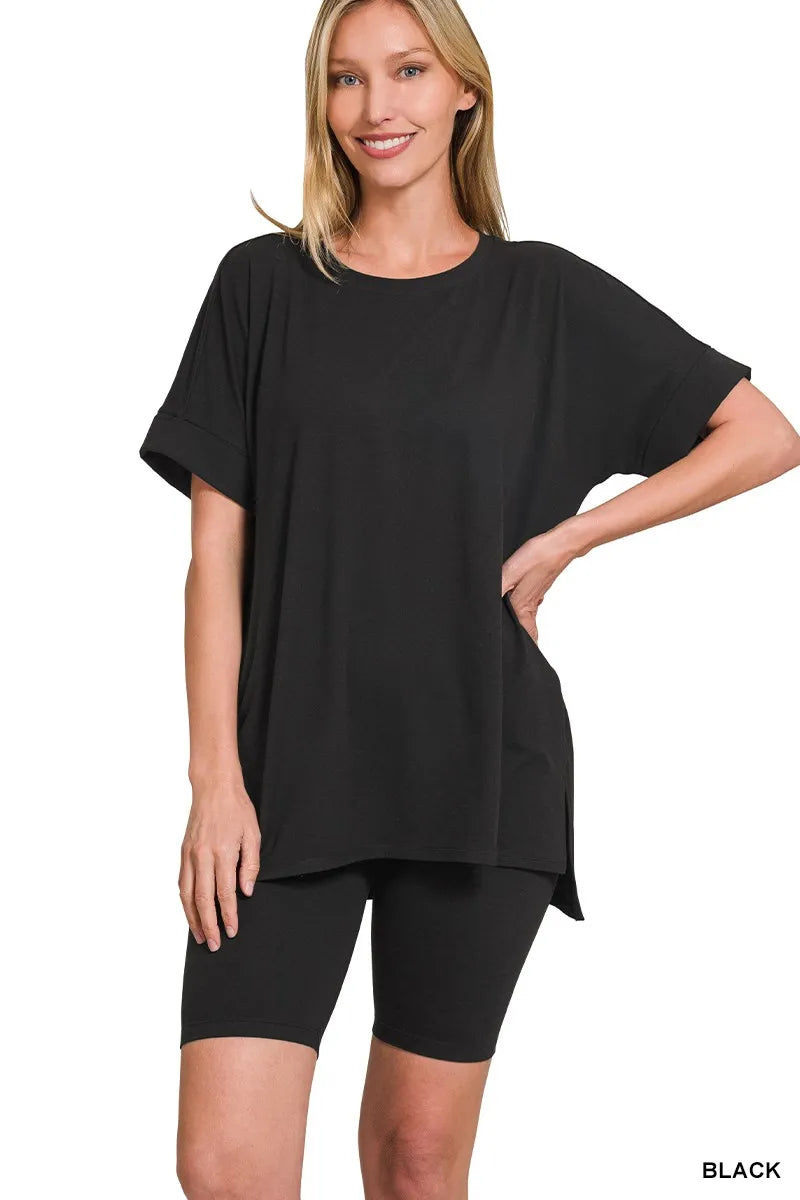 Zenana Brushed Dty Microfiber Round Neck Top and Biker Shorts Set BLACK Trendsi