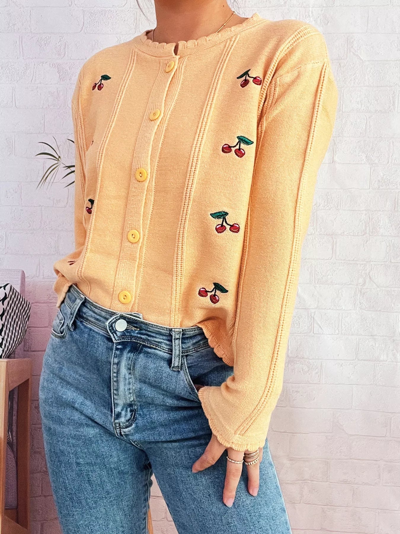 Cherry Embroidered Button Up Cardigan Yellow One Size OutfitFlow