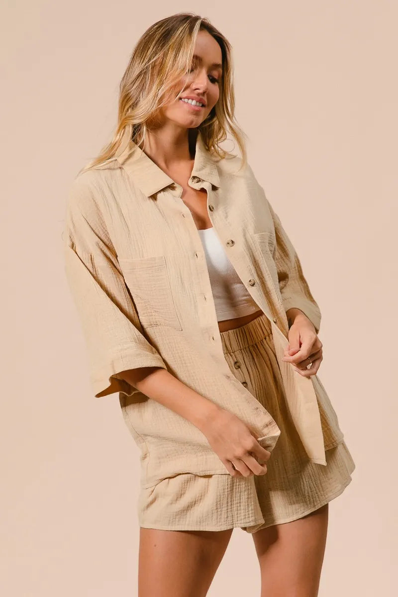 BiBi Crinkle Gauze Shirt and Short Set OutfitFlow