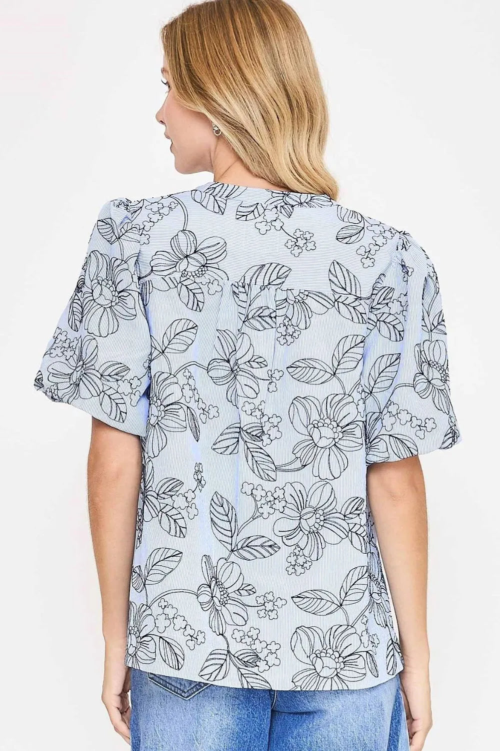 Umgee Floral Print Puff Sleeve Casual Blouse OutfitFlow