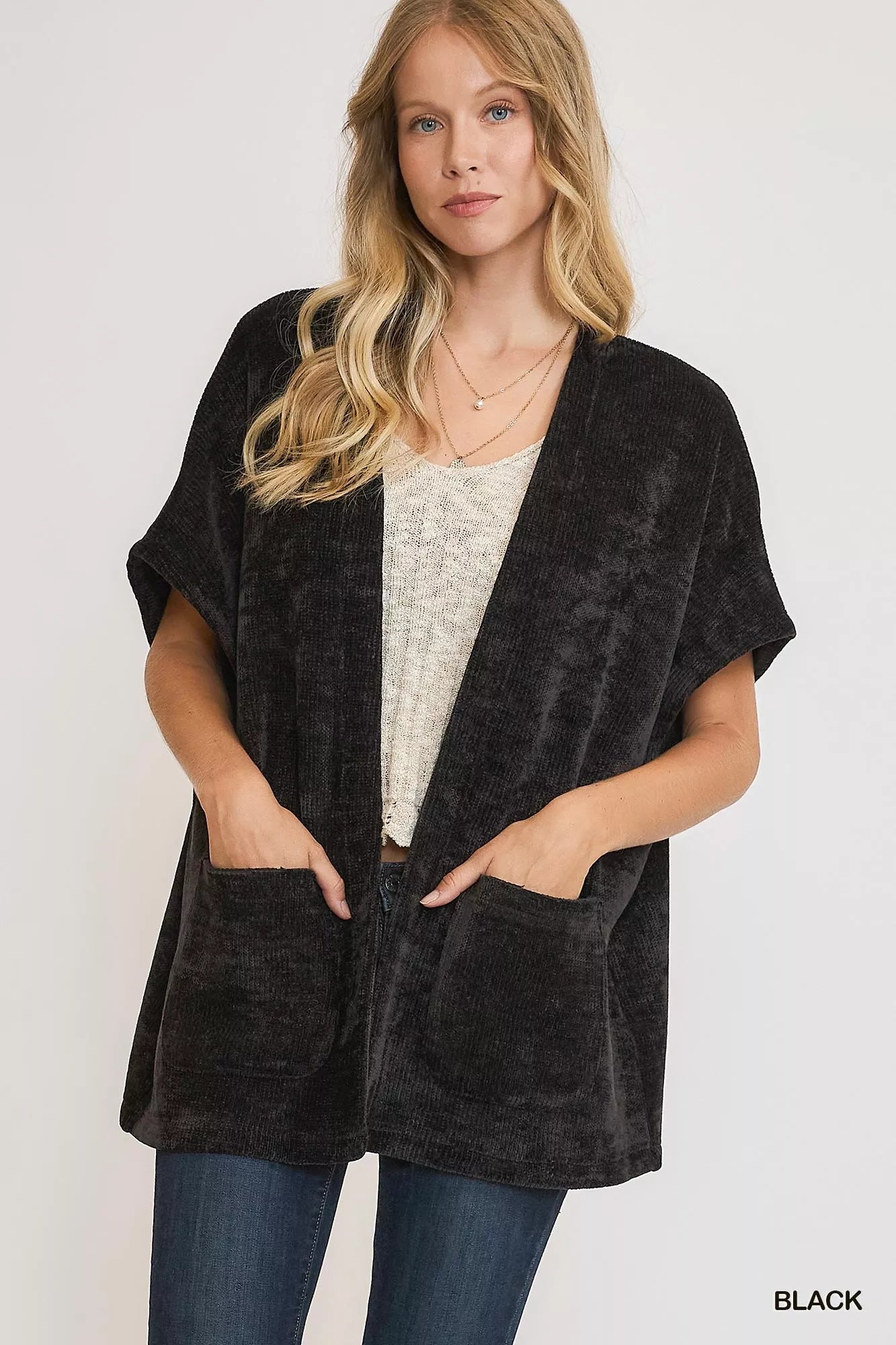 Umgee Open Front Knit Cardigan with Front Pockets Black Trendsi