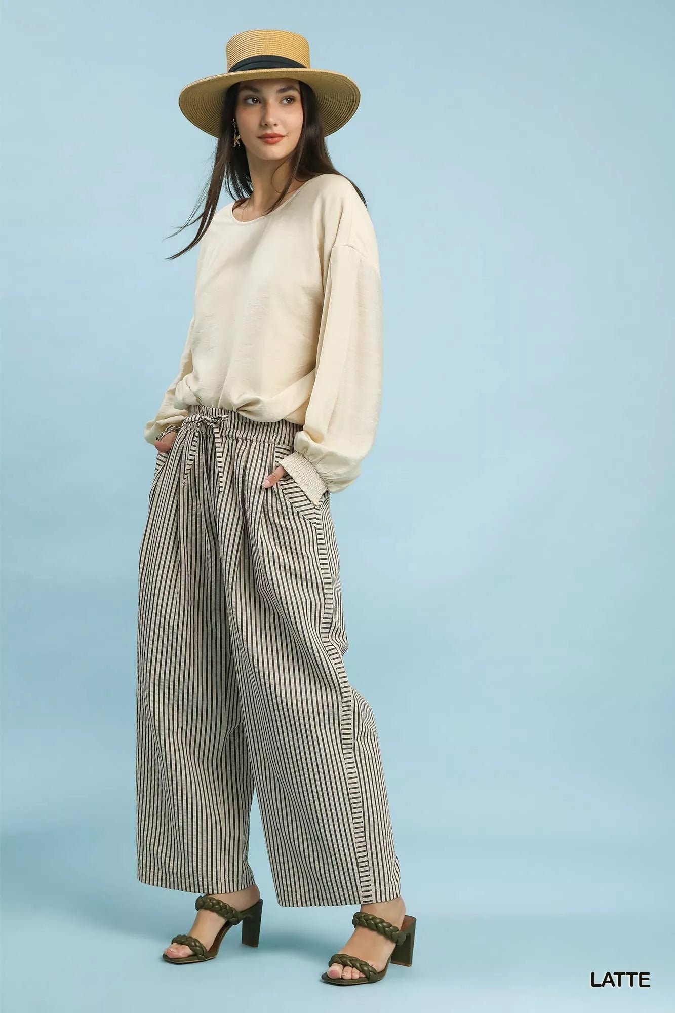 Umgee Drawstring Striped Wide-Leg Pants Trendsi