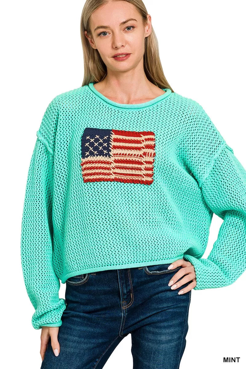 Zenana American Flag Crew Neck Sweater MINT Trendsi