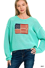 Zenana American Flag Crew Neck Sweater MINT Trendsi