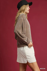 Umgee Velour Crewneck Balloon Sleeve Sweatshirt OutfitFlow