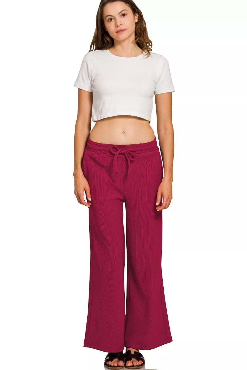 Zenana Ribbed Round Neck Pullover and Drawstring Pants Set OutfitFlow