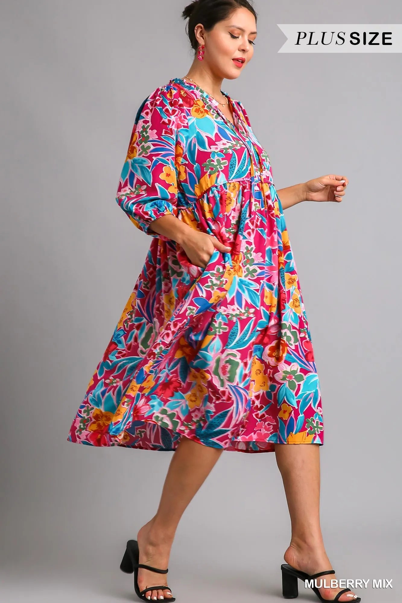 Umgee Full Size Floral Print Tie Neck Midi Dress with Pockets Plus Size Trendsi