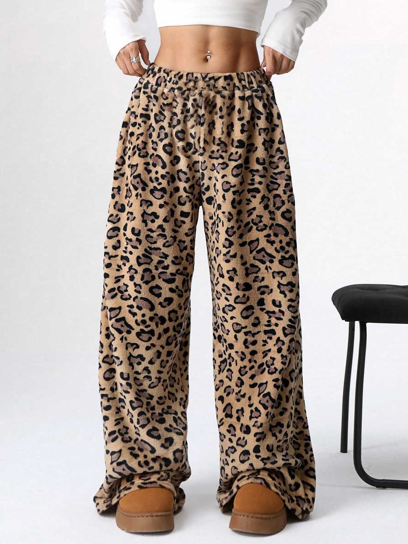 Leopard Wide Leg Plush Pants Camel OutfitFlow