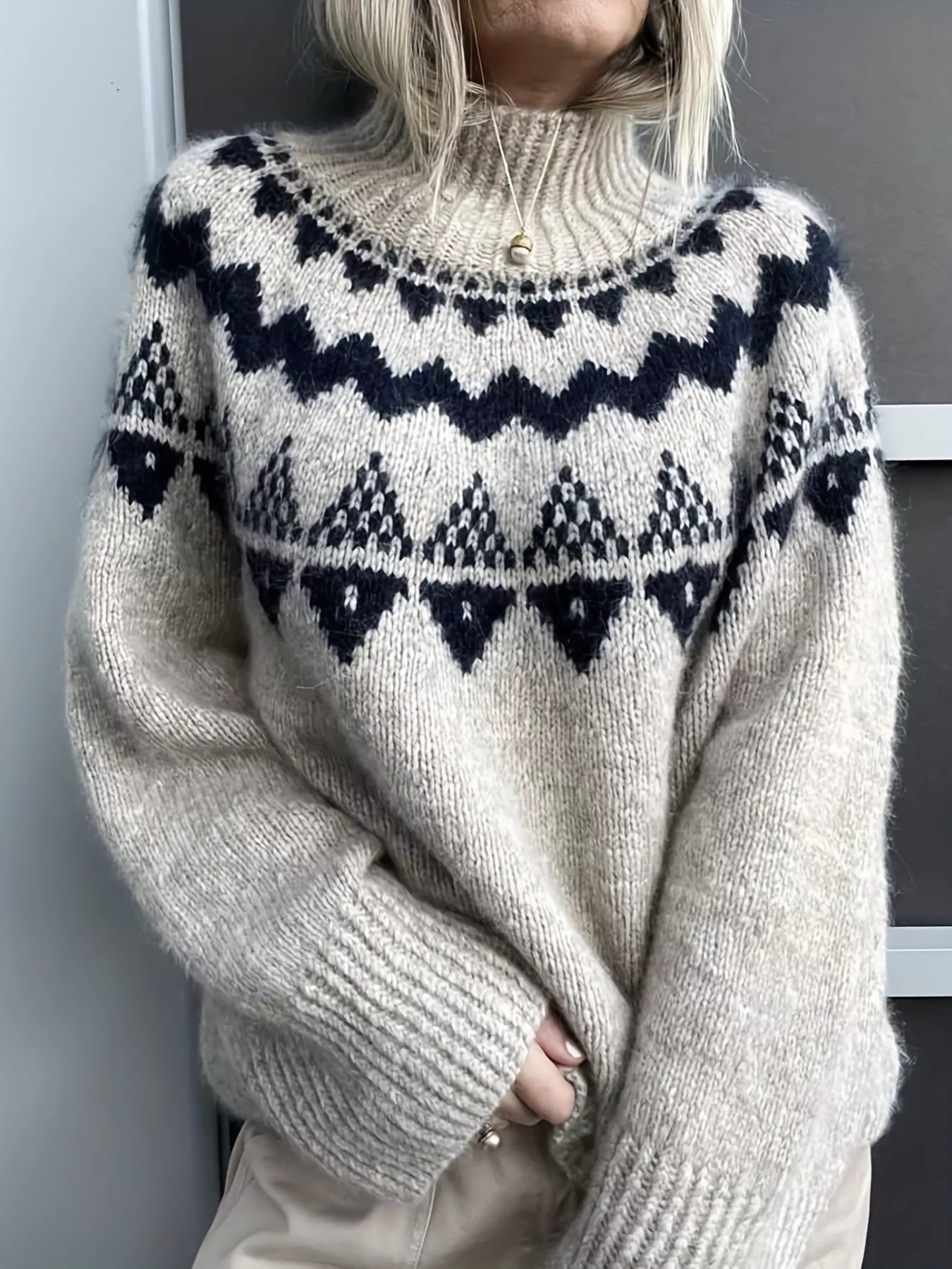 Nordic Pattern High Neck Sweater OutfitFlow