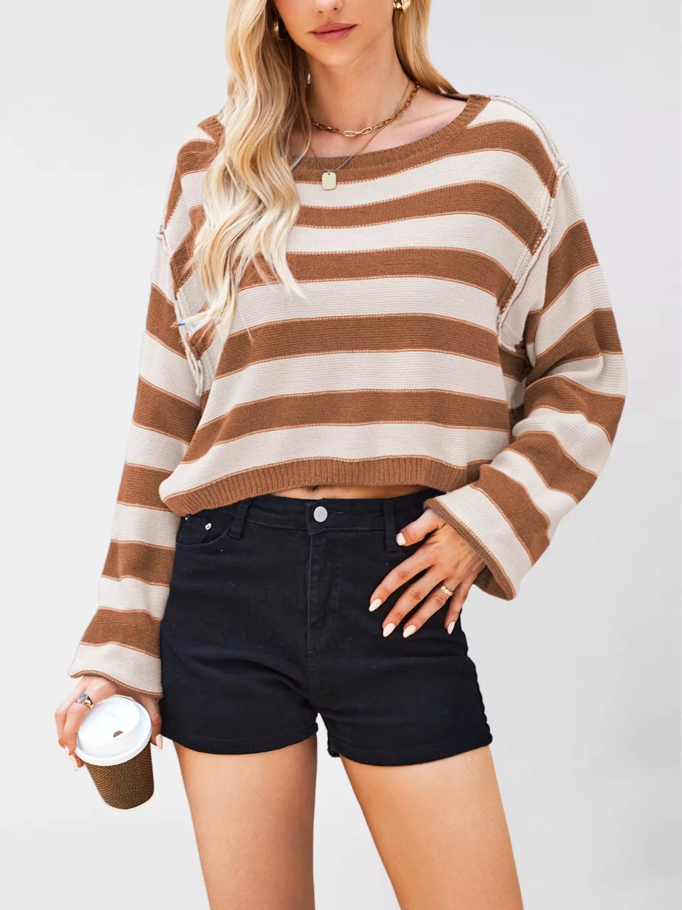 Striped Dropped Shoulder Sweater Brown OutfitFlow