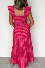 Stripe Flutter Sleeve Smocked Bodice Tiered Maxi Dress OutfitFlow