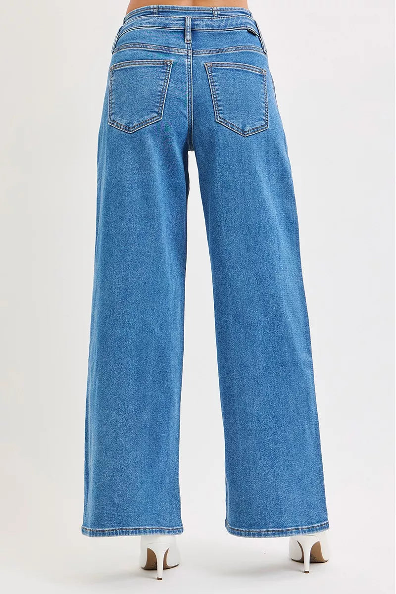 RISEN Full Size Mid Rise Fit Wide Leg with Pleated Detail Jeans Plus Size OutfitFlow
