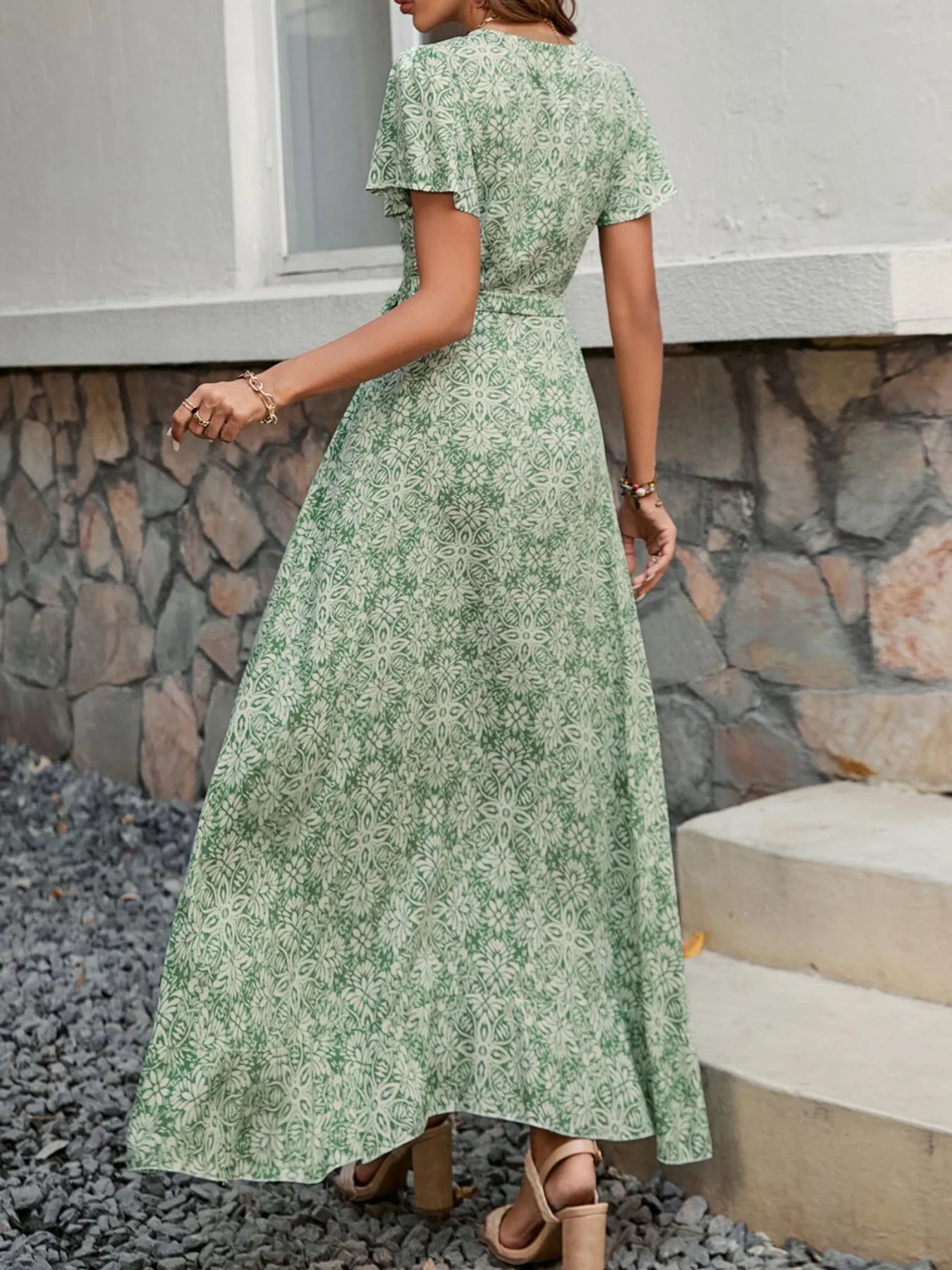 Printed Surplice Maxi Dress with Flutter Sleeves OutfitFlow