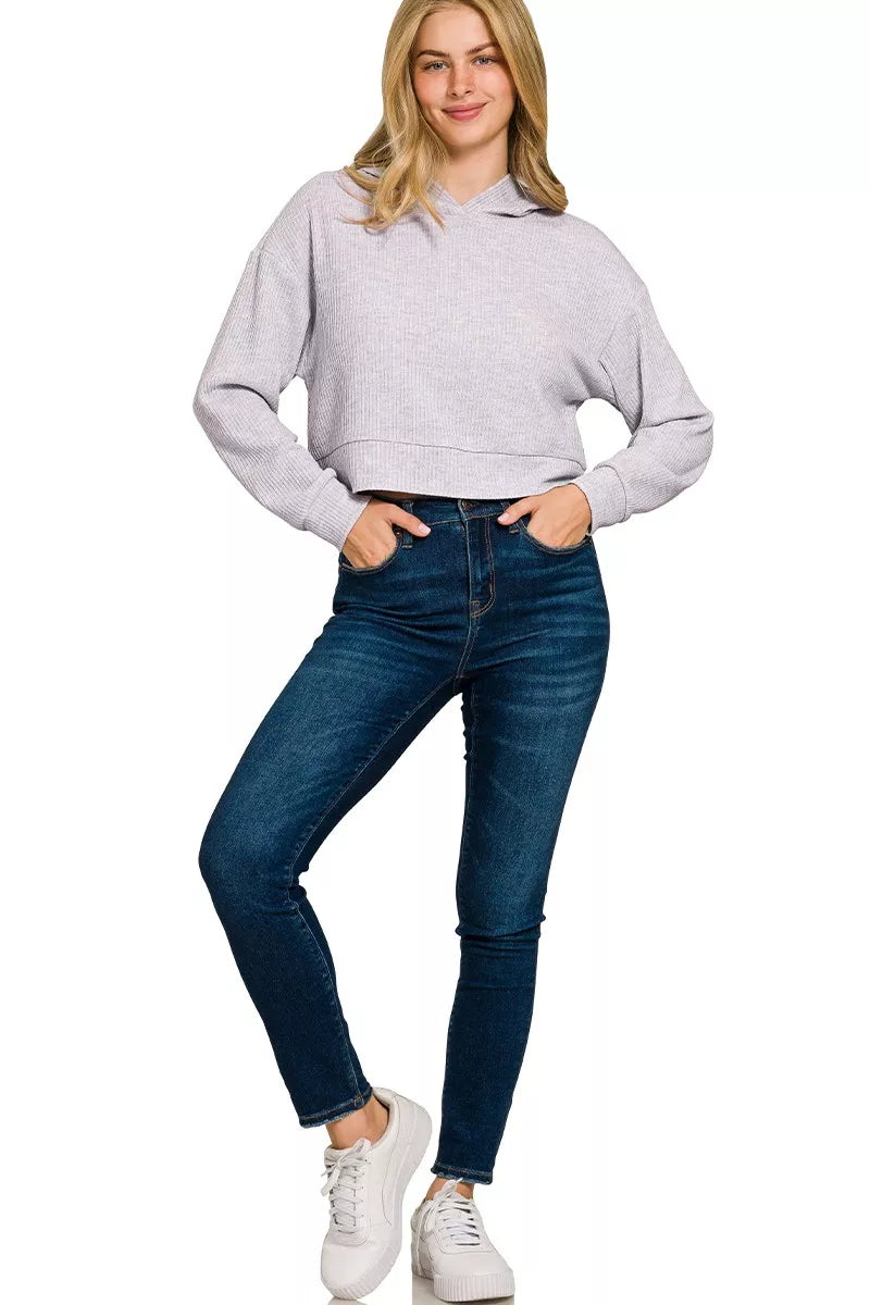 Zenana Drop Shoulder Ribbed Crop Hoodie OutfitFlow