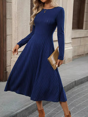 Ribbed Knit A-Line Midi Dress Blue OutfitFlow