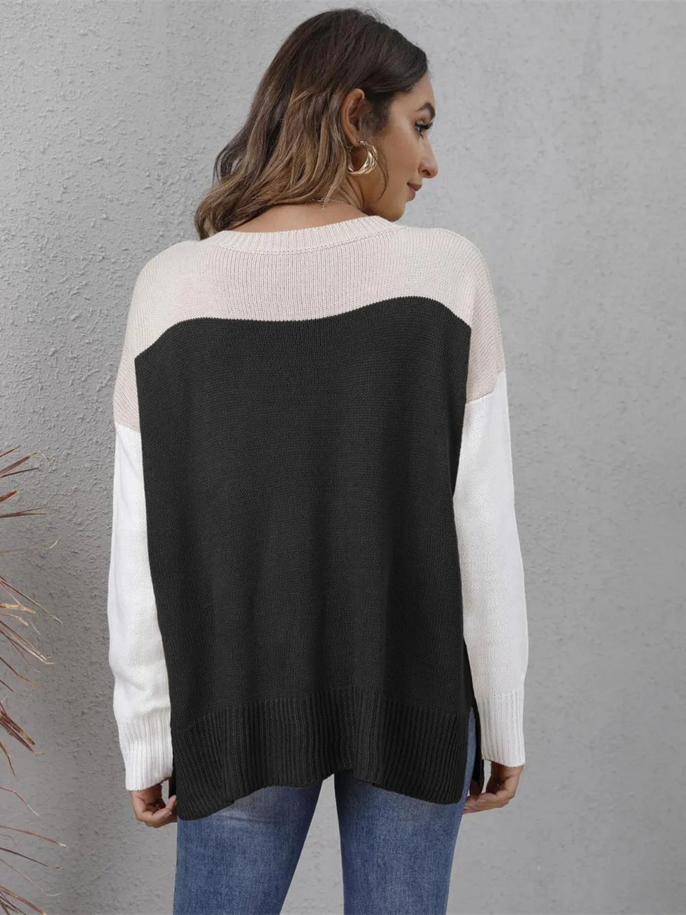 Color Block Round Neck Sweater OutfitFlow