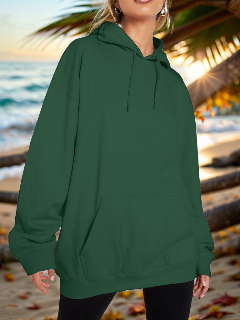 Drawstring Dropped Shoulder Hoodie Dark Green OutfitFlow